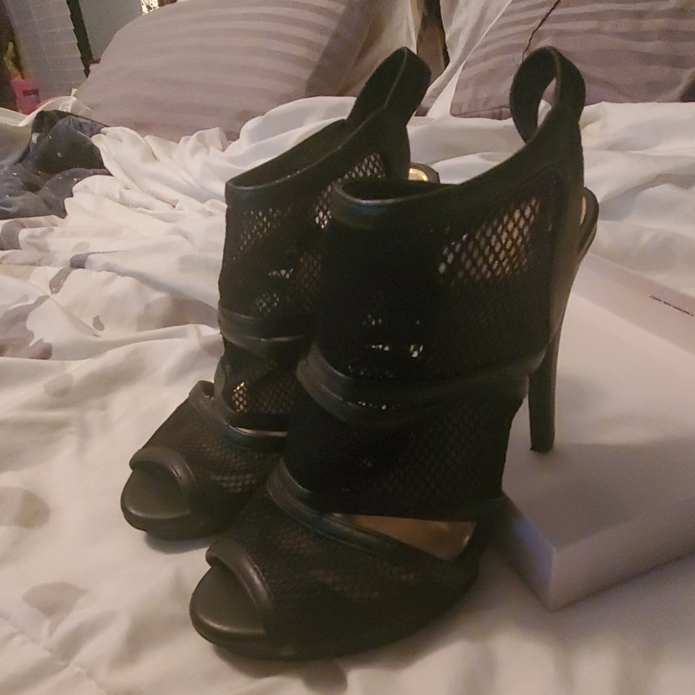 Jessica Simpson black fishnet mesh heels